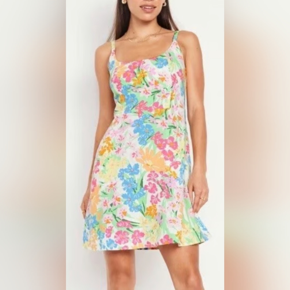 Floral Linen Blend Women's Mini Dress Old Navy Fit & Flare XL Smocked Spaghetti
